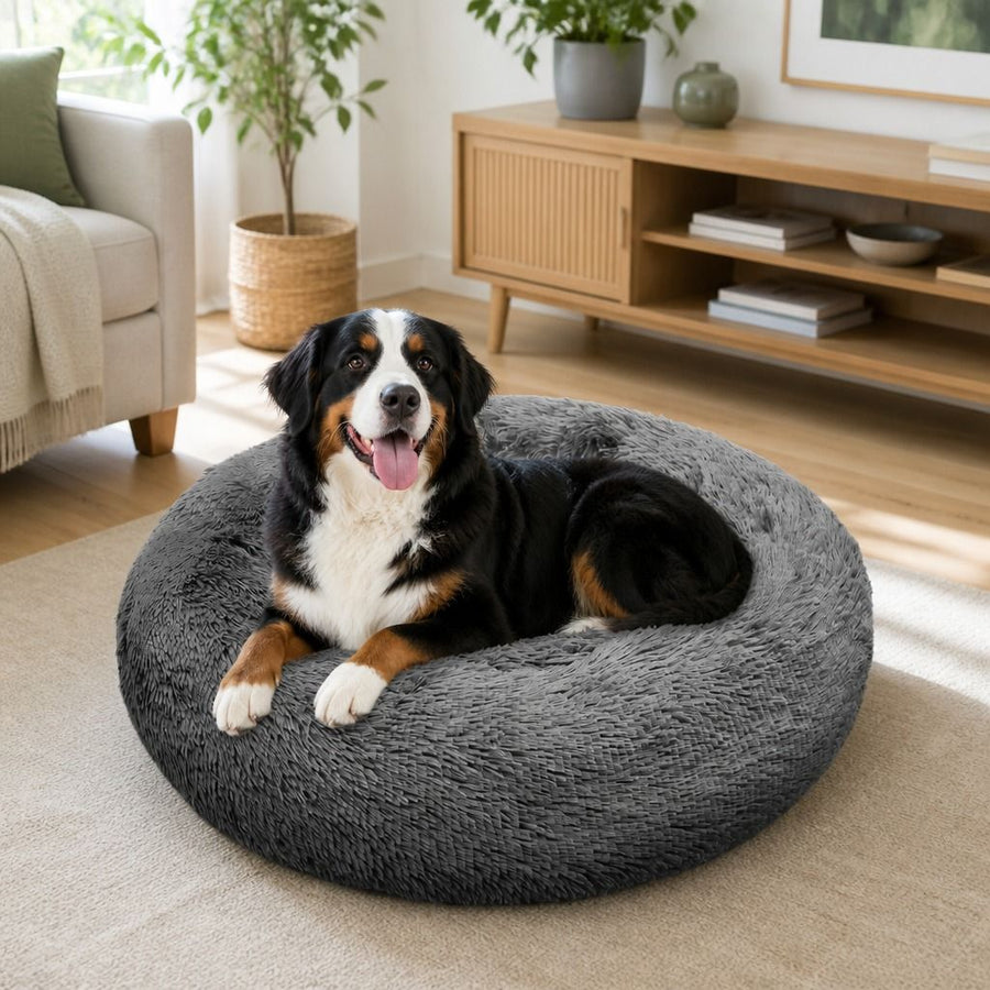 Dog Pet Cat Calming Bed Warm Plush Round Nest Comfy Sleeping Bed Dark Grey 100cm