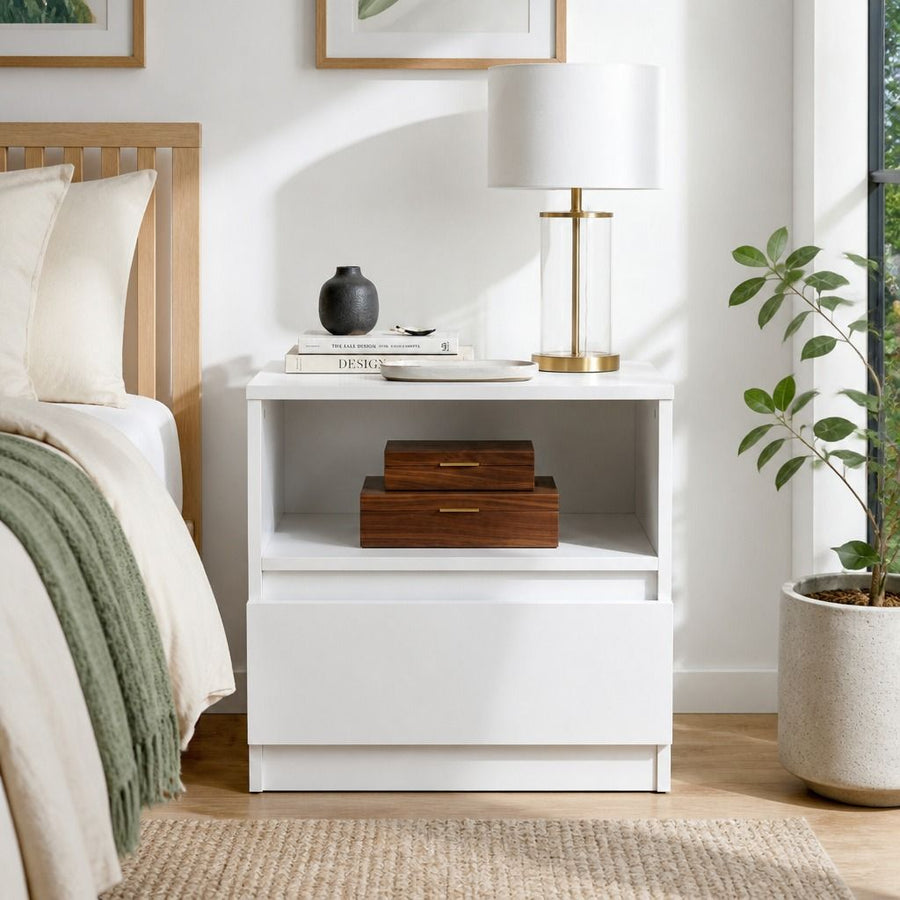 HYGGO Bedside Table Drawer Nightstand Warm White Open Storage Compact 47cm Modern