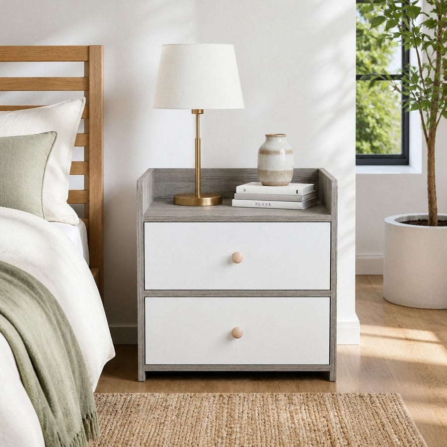 HYGGO Two-Tone Bedside Table Nightstand Light Gray White Drawers Wooden Knobs