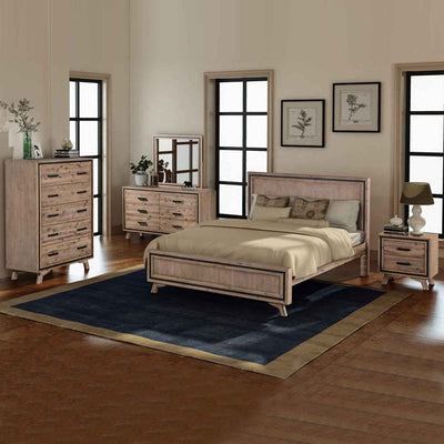 NNEDSZ 5 Pieces Bedroom Suite King Size Silver Brush in Acacia Wood Construction Bed, Bedside Table, Tallboy & Dresser-0