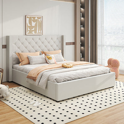 NNEDSZ Veronica Bed Frame Queen Size Winged Grey Linen Fabric Seam Grid Pattern with gas lift plywood metal structure-0