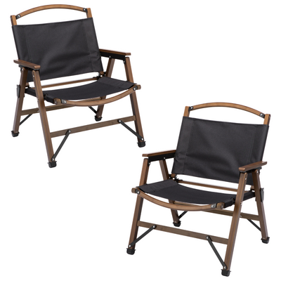 NNEDSZ 2x Bamboo Canvas Foldable Outdoor Camping Chair Wooden Travel Picnic Park - Black-0