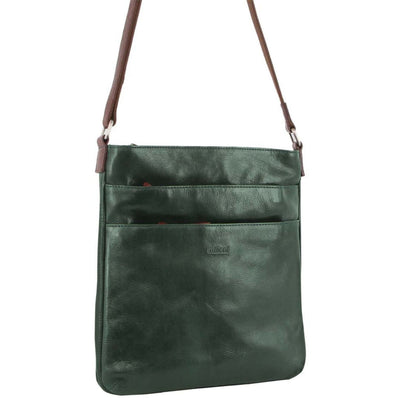 NNEDSZ Milleni Ladies Nappa Leather Zip Closure Cross Body Bag Travel - Emerald/Chestnut-0