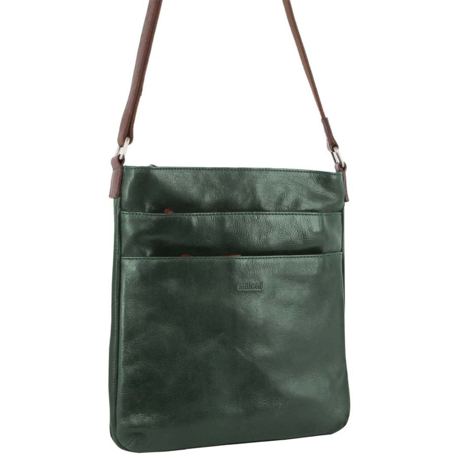 NNEDSZ Milleni Ladies Nappa Leather Zip Closure Cross Body Bag Travel - Emerald/Chestnut-0