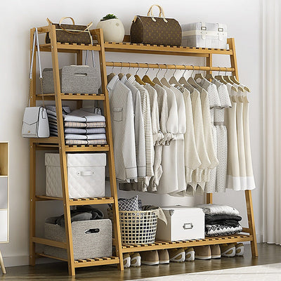 NNEDSZ Portable Clothes Rack Coat Garment Stand Bamboo Rail Hanger Airer Closet-0