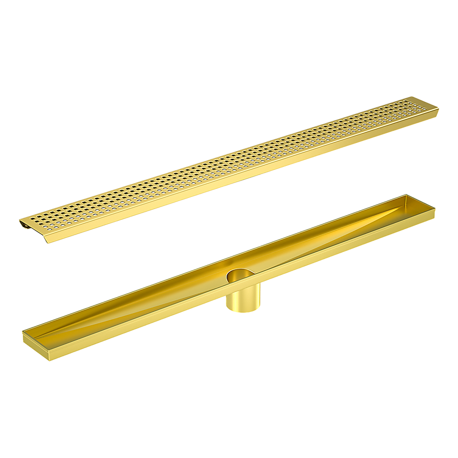 NNEDSZ 900mm Bathroom Shower Brushed Brass Grate Drain w/ Centre outlet Floor Waste Square Pattern-0