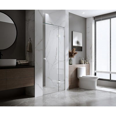 NNEDSZ 110cm Wall to Wall Frameless Shower Screen with Chrome Brackets and SS Hinges, Square Double Pull Handle-0