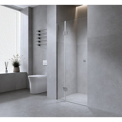 NNEDSZ 90cm Wall to Wall Frameless Shower Screen with Black Channel and SS Hinges , Square Double Pull Handle-0