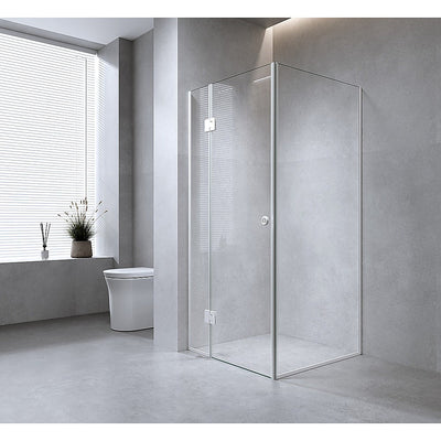 NNEDSZ 120x120cm Corner Frameless Shower Screen with Black Channel and SS Hinges, Round Handle-0