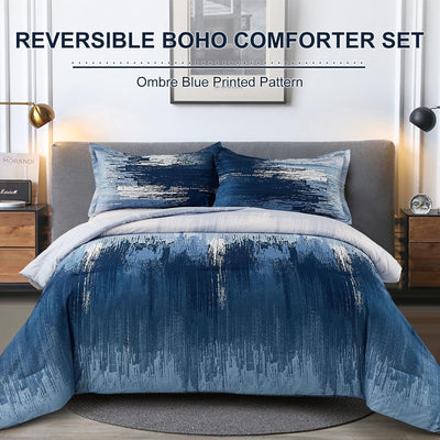 NNEDSZ Ombre Blue Comforter Set, King Size, Gradient Blue Grey 3-Piece Boho Bedding-0
