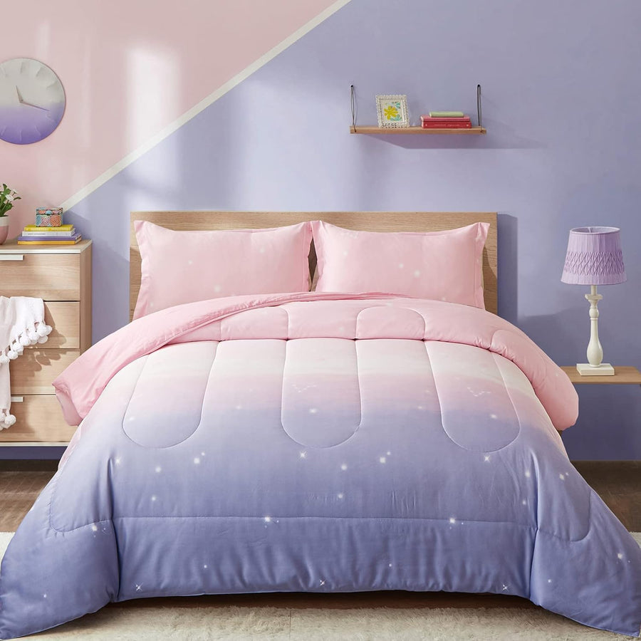 NNEDSZ Girls Comforter Set, King Size, Ombre Pink Purple Rainbow 3-Piece Bedding Collection-0