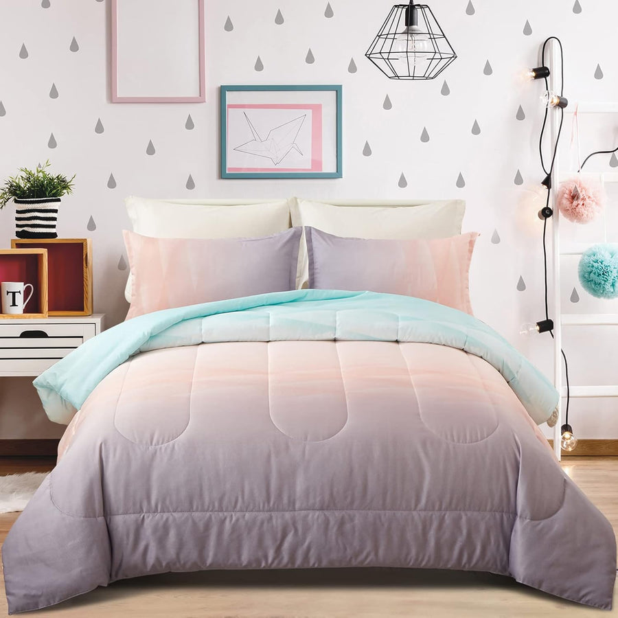 NNEDSZ Girls Comforter Set, King Size, Ombre Blue Pink Rainbow 3-Piece Bedding Collection-0