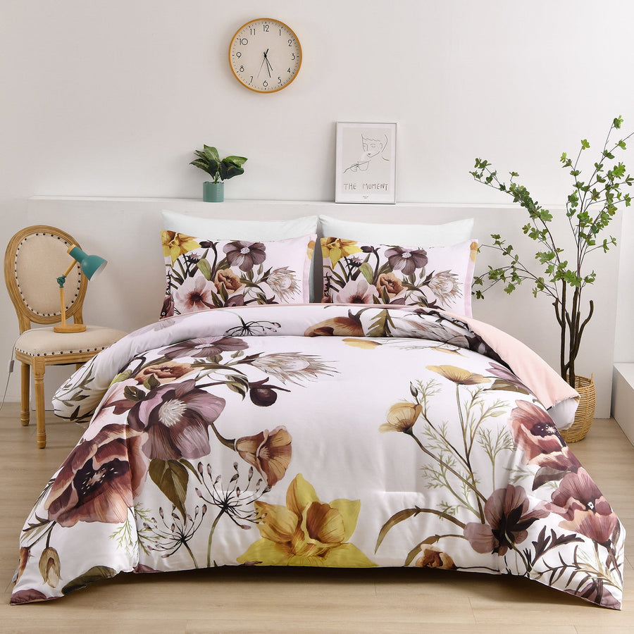 NNEDSZ Floral Comforter Set, King Size, Blush Floral 3-Piece Bedding, Soft Microfiber for All Seasons-0