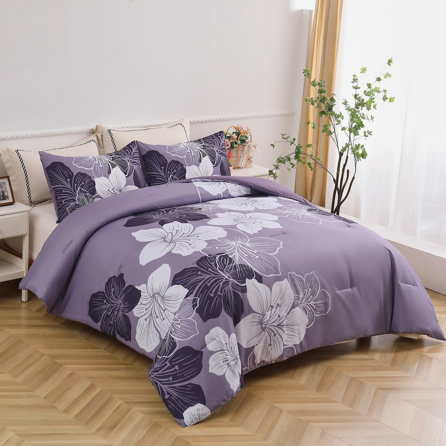 NNEDSZ King Comforter Set, Dark Purple Floral 3-Piece Bedding, Soft Microfiber for All Seasons-0