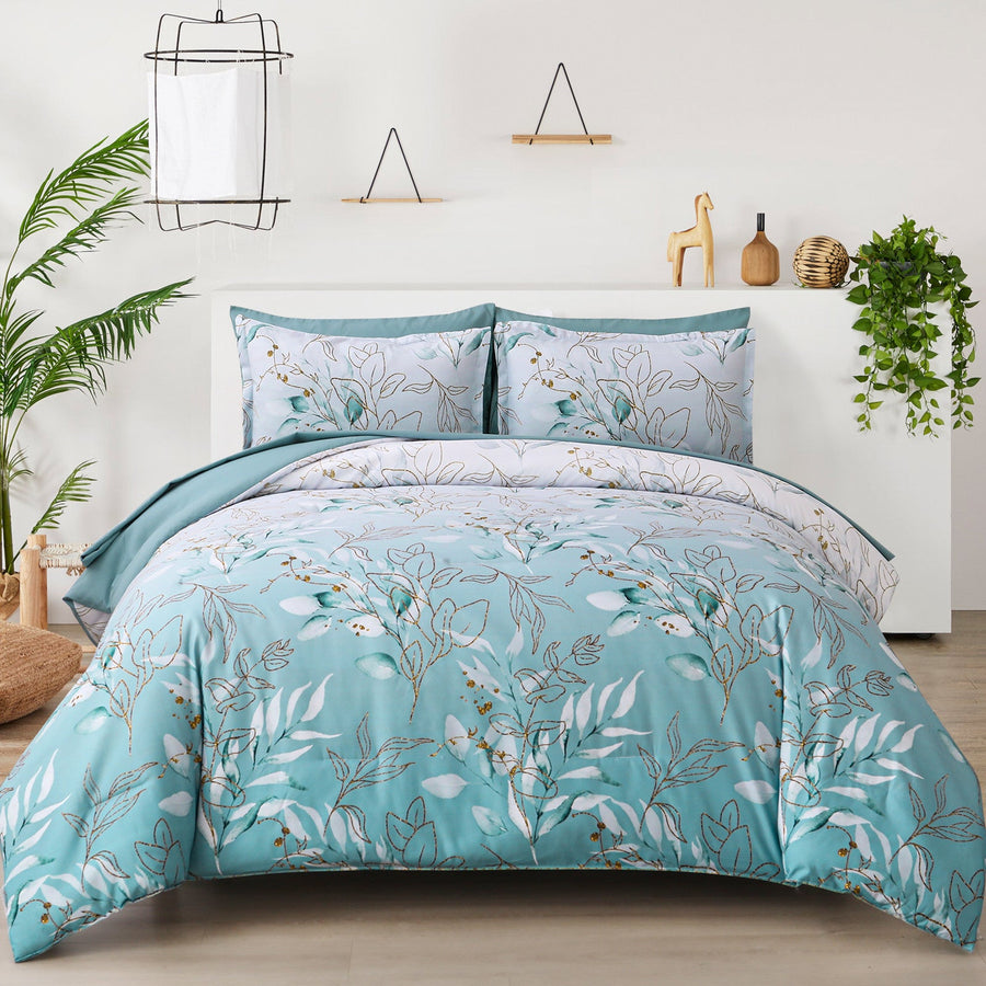 NNEDSZ Soft Floral Leaf Comforter Set, King Size, Quilted Cozy Bedding with Pillowcases-0