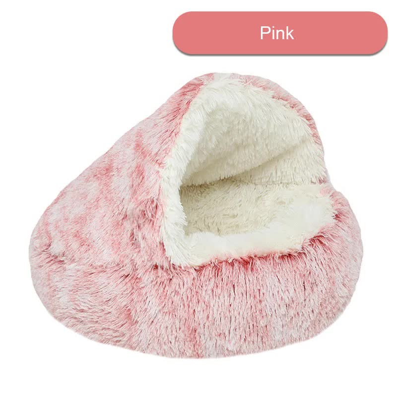 NNEDSZ Cozy Pink Plush Hooded Pet Bed - Ultra Soft Long Fur Cave Bed for Small Pets 50cm-0