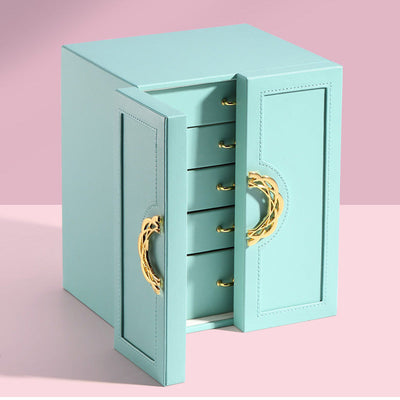 NNEDSZ Light Blue Elegant 5-Layer Large Capacity Jewelry Storage Box with Dual Opening Doors - Perfect for Organizing Necklaces, Rings, Earrings, and More(Jewelry is a photo prop and is not included)-0