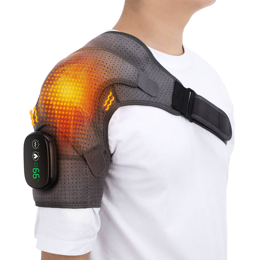 NNEDSZ Gray Rechargeable Heated Shoulder Massager with LED Display - Adjustable Compression Wrap for Pain Relief and Relaxation-0