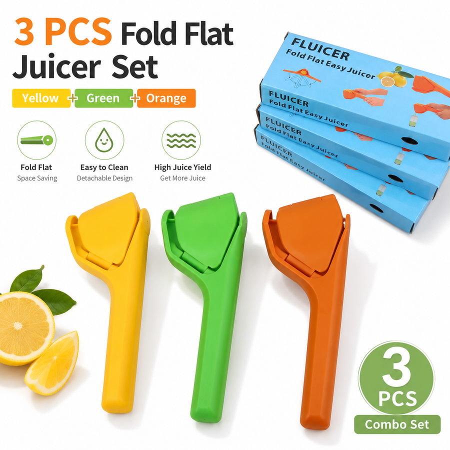 Manual Citrus Juicer 3 Piece Fold Flat Lemon Squeezer Set - Handheld Plastic Fruit Press, Space Saving Easy Clean Kitchen Juicer for Lemon, Lime and Orange