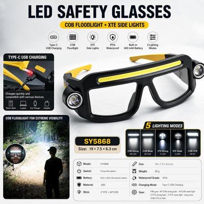 LED Glasses Light Rechargeable USB-C - Yellow Hands-Free COB and Dual XTE Headlamp, Lightweight IPX4 Wearable Work Light for Camping, Hiking, Repairs and Night Fishing