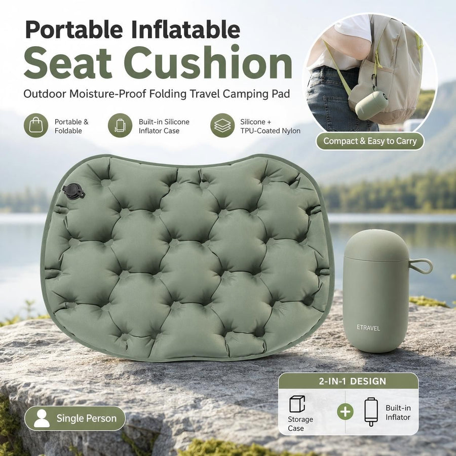 Inflatable Seat Cushion for Camping - Olive Green Portable Foldable Outdoor Sitting Pad with Integrated Inflation Storage Box, Moisture Resistant Travel Seat Mat