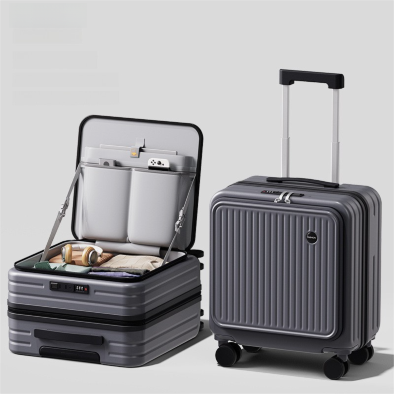 Black Front Opening Carry On Luggage 18 Inch - Lightweight Hard Shell Suitcase with Spinner Wheels, Shockproof Laptop Compartment, USB Charging Port - Ideal for Business Trips and Short Travels