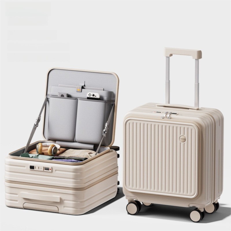 Beige Front Opening Carry On Luggage 18 Inch - Lightweight Hard Shell Suitcase with Spinner Wheels, Shockproof Laptop Compartment, USB Charging Port - Ideal for Business Trips and Short Travels