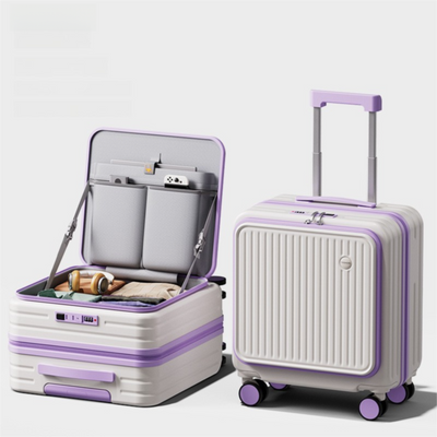 Purple and white Front Opening Carry On Luggage 18 Inch - Lightweight Hard Shell Suitcase with Spinner Wheels, Shockproof Laptop Compartment, USB Charging Port - Ideal for Business Trips and Short Travels