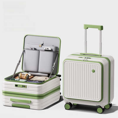 Green and white Front Opening Carry On Luggage 18 Inch - Lightweight Hard Shell Suitcase with Spinner Wheels, Shockproof Laptop Compartment, USB Charging Port - Ideal for Business Trips and Short Travels