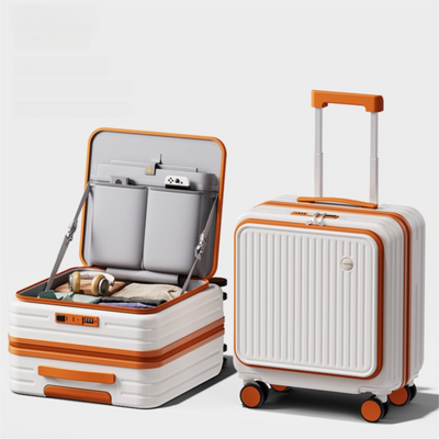 Orange and white Front Opening Carry On Luggage 18 Inch - Lightweight Hard Shell Suitcase with Spinner Wheels, Shockproof Laptop Compartment, USB Charging Port - Ideal for Business Trips and Short Travels