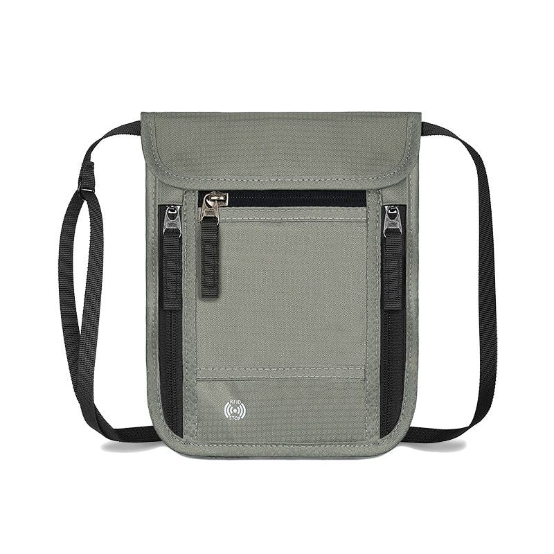 Grey RFID Neck Passport Holder - 16.3 x 22.8 cm Lightweight Nylon and Polyester Crossbody Travel Wallet and Document Organiser for Phone, Cards, Cash and Tickets