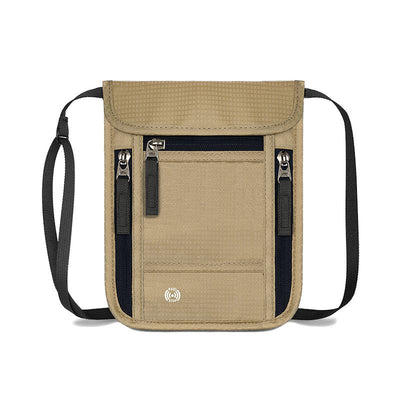 Khaki RFID Neck Passport Holder - 16.3 x 22.8 cm Lightweight Nylon and Polyester Crossbody Travel Wallet and Document Organiser for Phone, Cards, Cash and Tickets