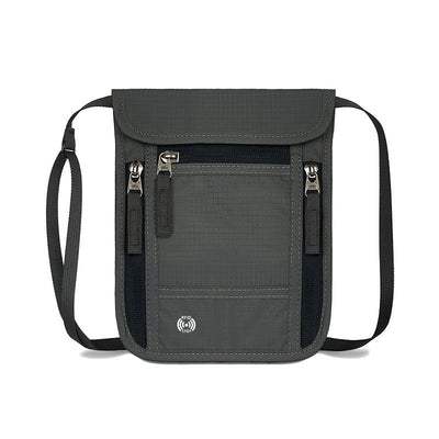 Dark Grey RFID Neck Passport Holder - 16.3 x 22.8 cm Lightweight Nylon and Polyester Crossbody Travel Wallet and Document Organiser for Phone, Cards, Cash and Tickets
