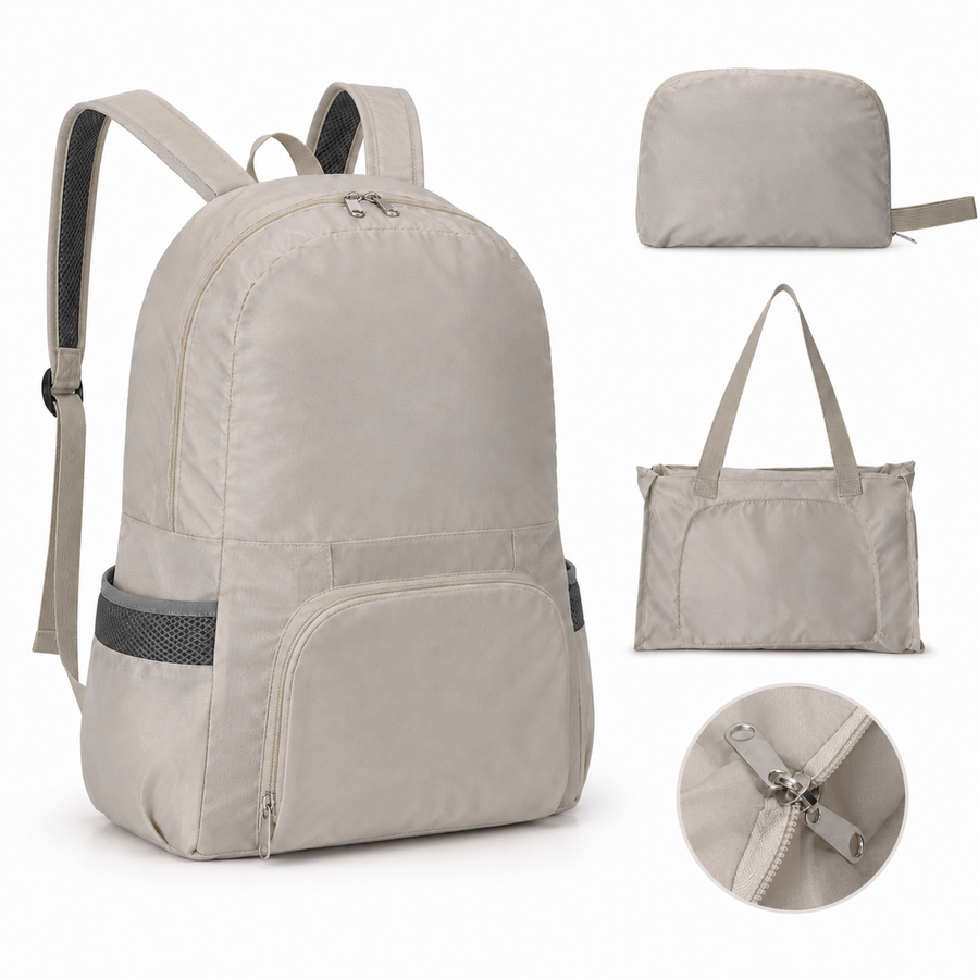 Beige Lightweight Foldable Backpack - Waterproof Polyester 3 Way Backpack and Tote Bag, 160g Packable Daypack for Hiking, Travel, Camping and Everyday Use