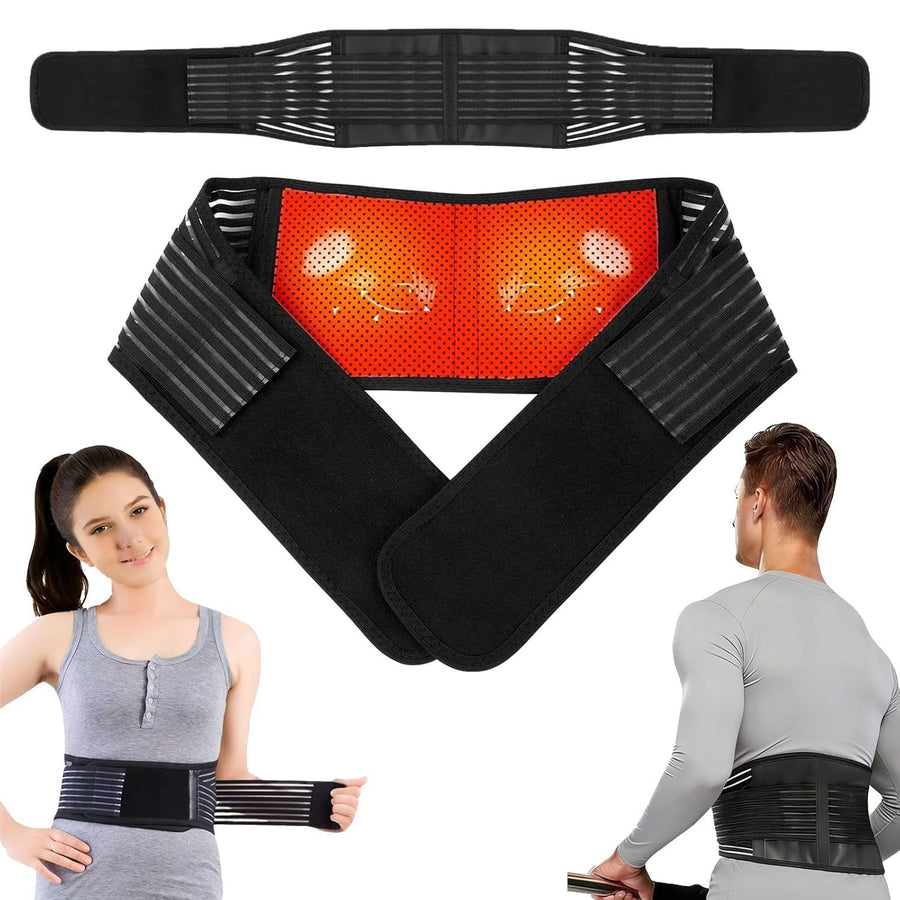 Self Heating Magnetic Therapy Back & Abdomen Compression Brace with 2 Adjustable Elasticity Straps– Breathable Posture Corrector and Lumbar Support Belt for Back Pain Relief, Black M Size