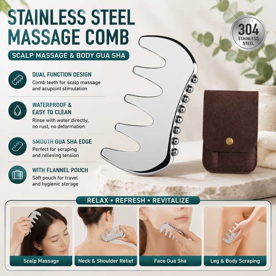 304 Stainless Steel Duoble-Sided Scalp Massage Comb & Gua Sha Relaxation Tool with Velvet Storage Bag – Head, Neck & Body Relaxation Massage Scraper