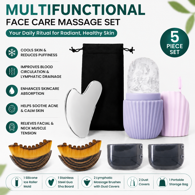 Multifunctional Skincare & Massage Kit with 80ml Purple Silicone Facial Ice Roller, Stainless Steel Heart-Shaped Gua Sha Board, 2 Pack Lymphatic Drainage Massage Brushes for Skin Cooling and Absorption Enhancing, Blood Circulation and Puffiness Reducing