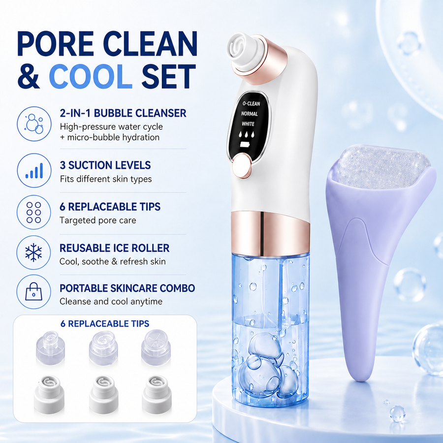 Microbubble Oxygen Hydration Facial Pore Cleanser and Purple Reusable Ice Roller Set with Waste Separation Design, 3 Level Vacumn Suction and 6 Replaceable Heads - Portable Facial Pore Cleaning & Cooling Kit for Home & Travel Skincare