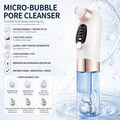 2-in-1 Microbubble Oxygen Hydration Facial Pore Cleaner with Waste Separation Design, 3 Level Suction and 6 Replaceable Heads - Vacumn Pore Cleanser and Microbubble Oxygen Hydration Device for Home & Travel Skincare