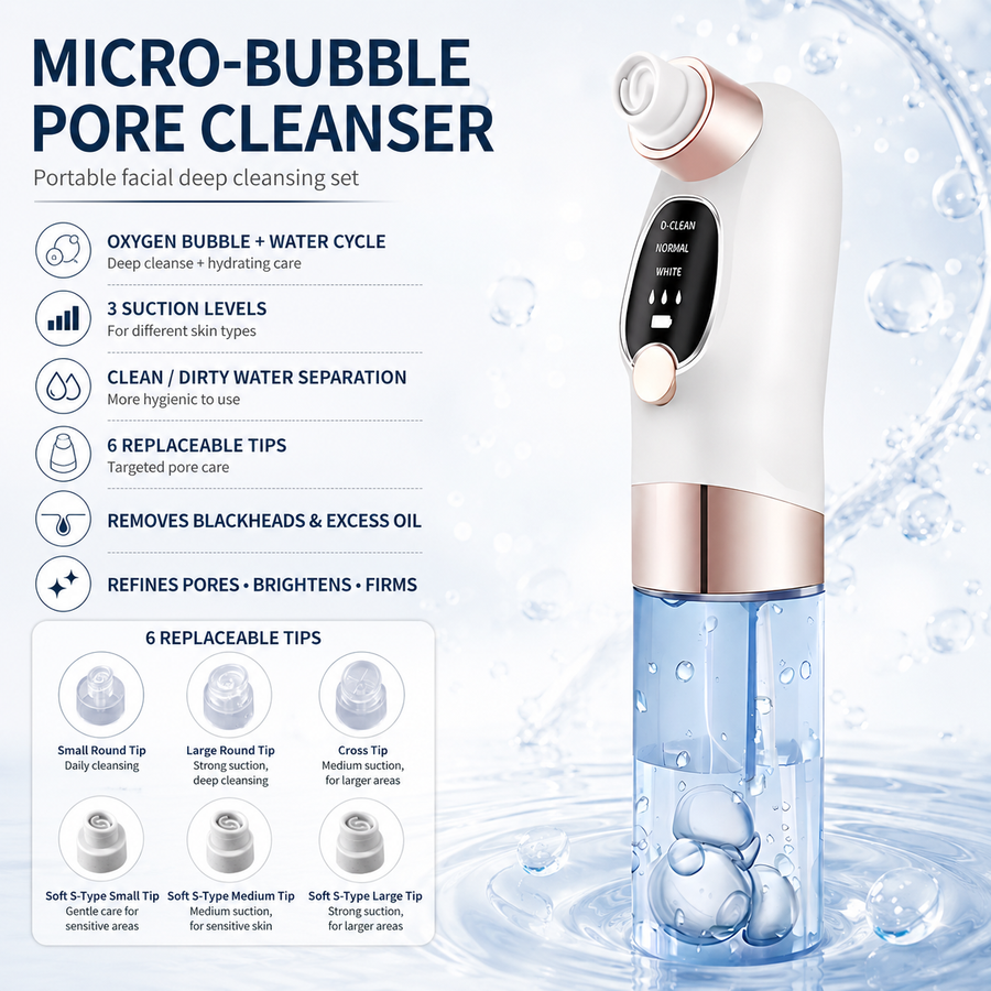 2-in-1 Microbubble Oxygen Hydration Facial Pore Cleaner with Waste Separation Design, 3 Level Suction and 6 Replaceable Heads - Vacumn Pore Cleanser and Microbubble Oxygen Hydration Device for Home & Travel Skincare