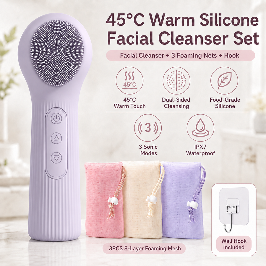 Purple 45°C Constant Heating Silicone Facial Cleansing Brush and 3pcs 8-Layer Fine Foaming Nets Set - Electric Sonic Face Scrubber with Dual-Sided Cleaning Surface & 3-Speed Vibration Massage, IPX7 Waterproof Skincare Absorption and Massage Device