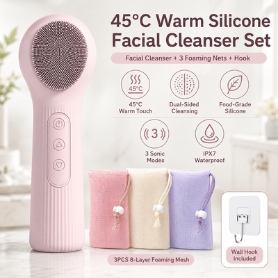 Pink 45°C Constant Heating Silicone Facial Cleansing Brush and 3pcs 8-Layer Fine Foaming Nets Set - Electric Sonic Face Scrubber with Dual-Sided Cleaning Surface & 3-Speed Vibration Massage, IPX7 Waterproof Skincare Absorption and Massage Device