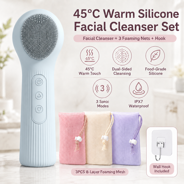 Blue 45°C Constant Heating Silicone Facial Cleansing Brush and 3pcs 8-Layer Fine Foaming Nets Set - Electric Sonic Face Scrubber with Dual-Sided Cleaning Surface & 3-Speed Vibration Massage, IPX7 Waterproof Skincare Absorption and Massage Device