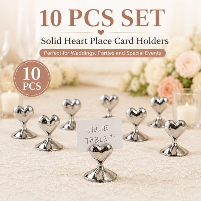 10-Pack Silver Plated Alloy Place Card Holders with Soild Heart Designs, Elegant Wedding Reception Seating Card Clips for Banquets, Parties and Events