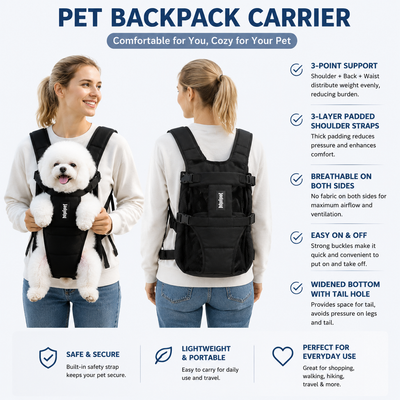 Black Hands Free Adjustable Dog Carrier Backpack with 3-Point Support, Reserved Tail Opening and Wide Padded Straps - Chest & Back Dual Use, Breathable on Both Sides and Quick-release Safety Buckles for Walking Bike Travel Outdoor Use, L Size