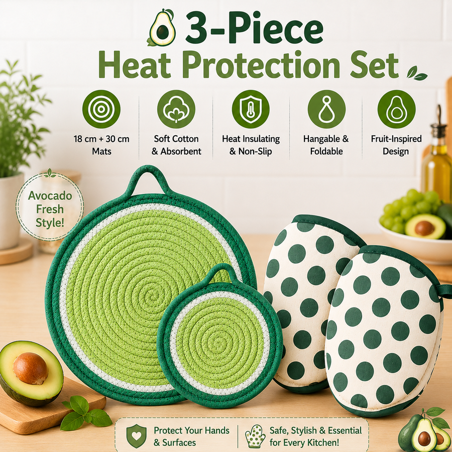 3-Piece Avocado Inspired Kitchen Heat Resistant Set with 18cm & 30cm Round Cotton Rope Woven Trivets + 1 Pair Duckbill Oven Mitt - Foldable Table Protection Mats and Green Polka Dot Cooking Gloves, Perfect for Home Baking and Cooking Lover