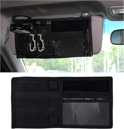 Black Tactical Molle Car Sun Visor Organizer Panel – Durable Nylon Vehicle Storage Pouch with Adjustable Buckle, Loop Panelled EDC Pockets and Pen Sheath for Cars, Trucks, SUVs and Daily Driving Essentials