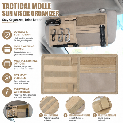 Khaki Tactical Molle Car Sun Visor Organizer – Durable Nylon Vehicle Storage Pouch with Adjustable Buckle, Loop Panelled EDC Pockets and Pen Sheath for Cars, Trucks, SUVs and Daily Driving Essentials