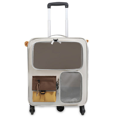 Brown and Grey Large Space Pet Carrier Trolley – Foldable Cat Carrier Backpack with Breathable Side Mesh & View Window, Silent Rolling Wheels, Storage Pocket and Removable Bottom Pad for Dog and Cat, 42 x 36 x 27CM