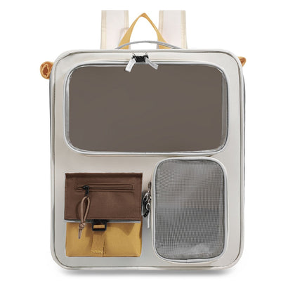 Brown and Grey Large Space Pet Carrier Backpack – Foldable Cat Carrier Bag with Breathable Side Mesh & View Window, Storage Pocket and Removable Bottom Pad for Dog and Cat, 42 x 36 x 27CM